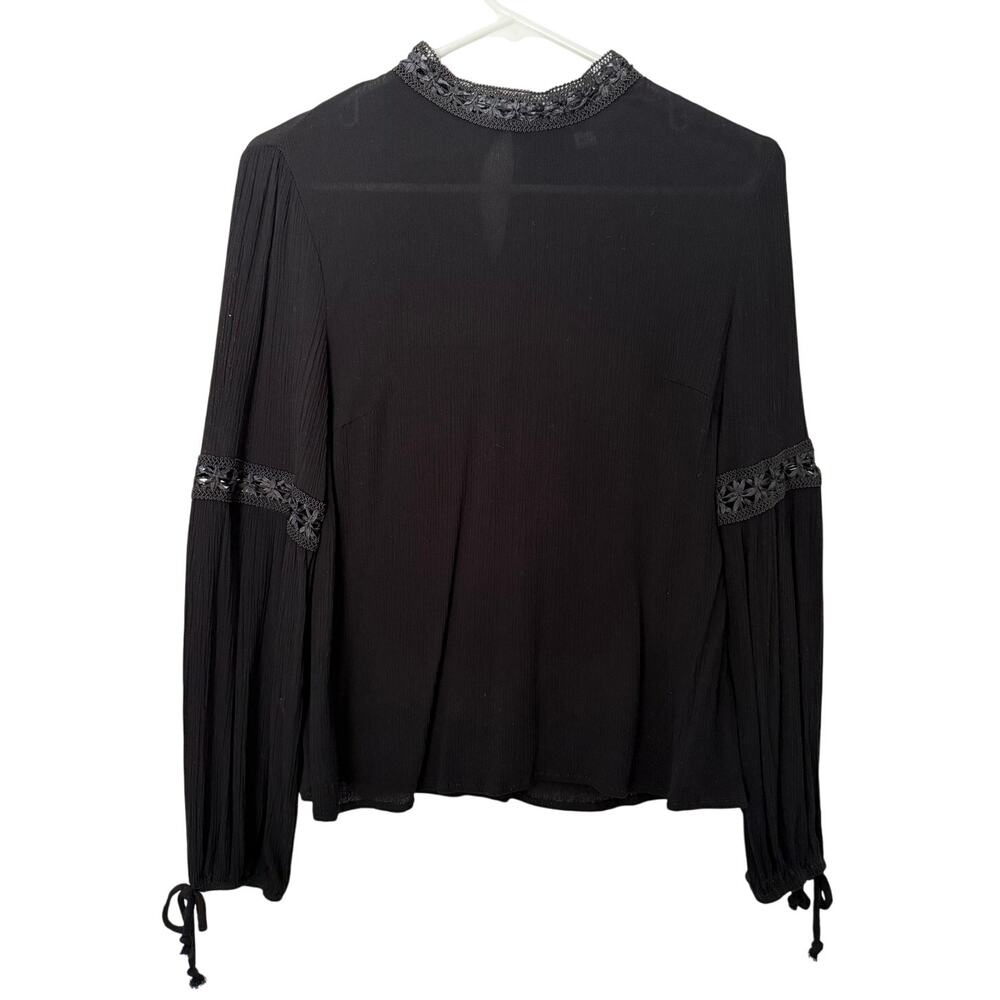 Women’s Black Long Sleeve Blouse with Lace Trim and Tie Cuffs Boho Chic Style XS